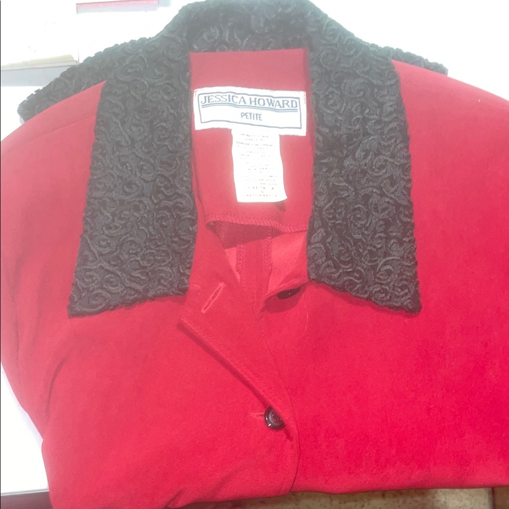 Jessica Howard Red Pea Coat with Black Textured Collar